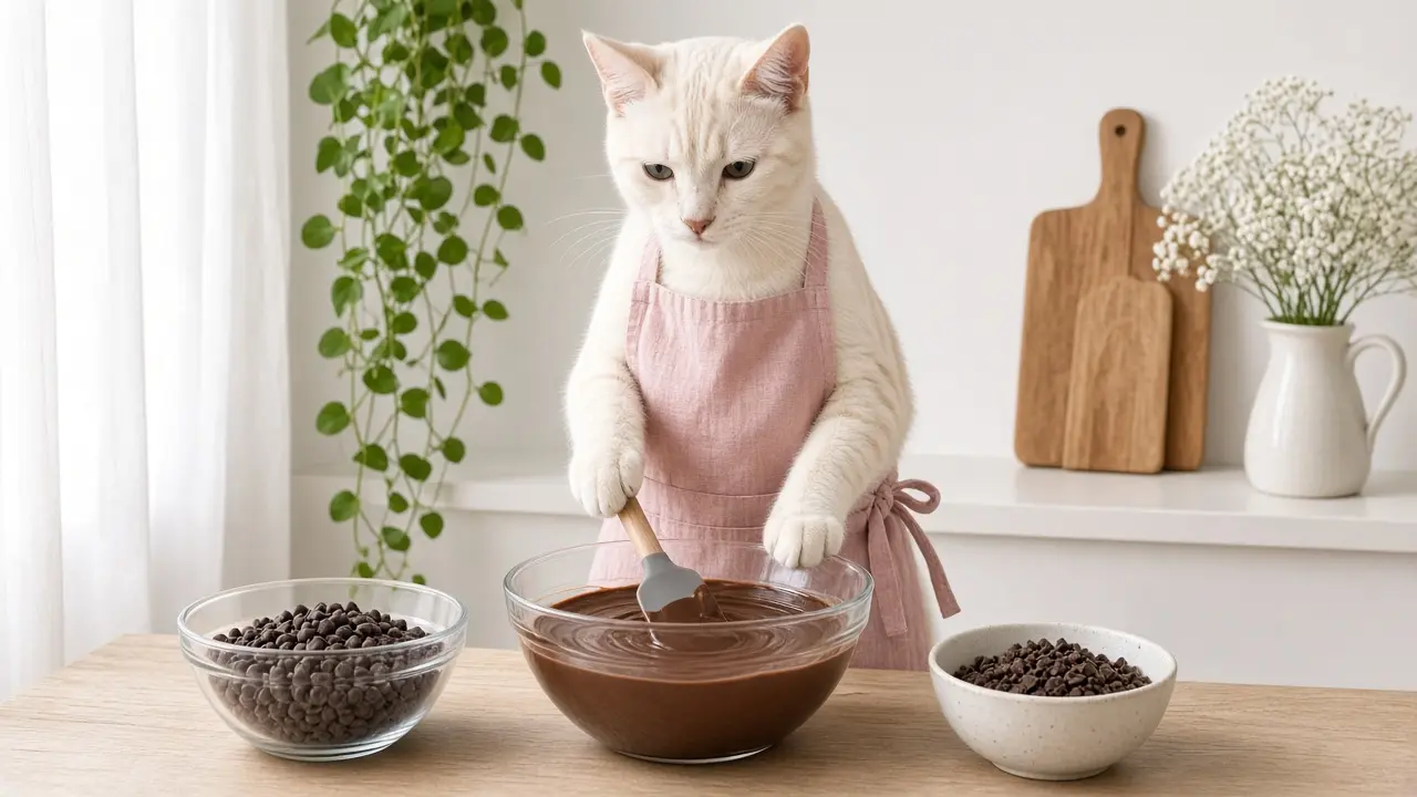 A cream-coloured cat in a pink apron, cooking this dish
