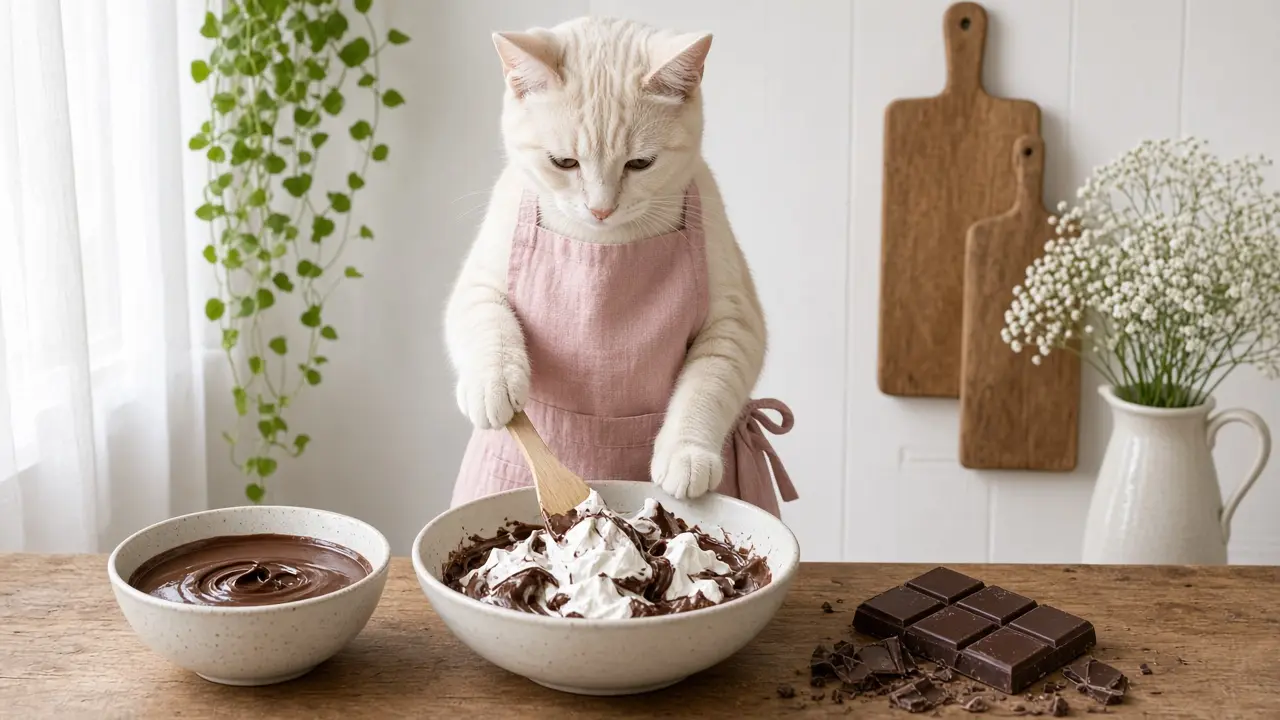 A cream-coloured cat in a pink apron, cooking this dish