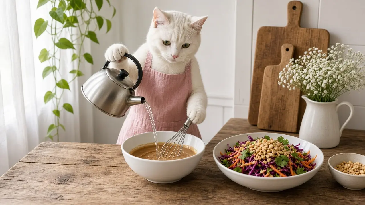 A cream-coloured cat in a pink apron, cooking this dish