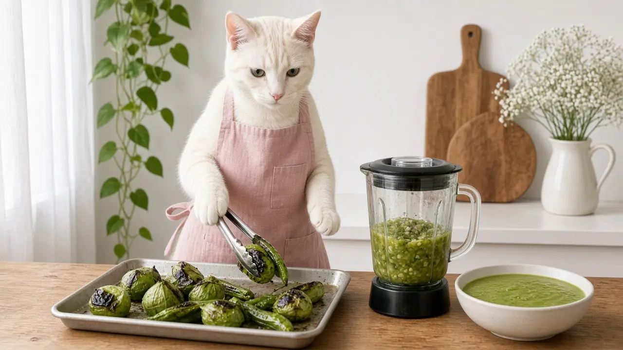 A cream-coloured cat in a pink apron, cooking this dish