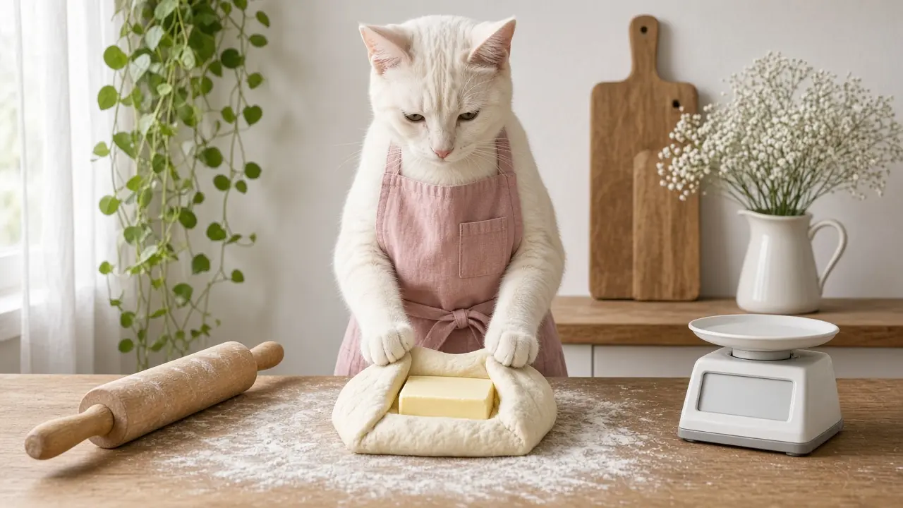 A cream-coloured cat in a pink apron, cooking this dish