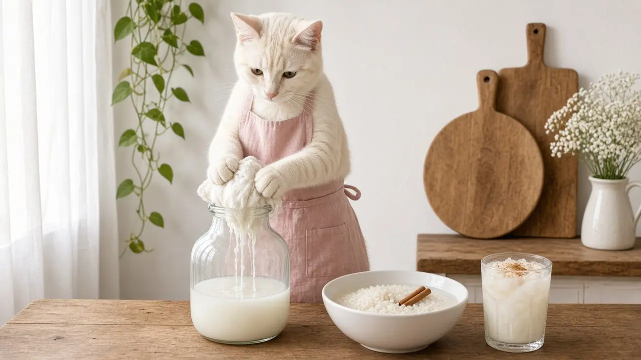 A cream-coloured cat in a pink apron, cooking this dish