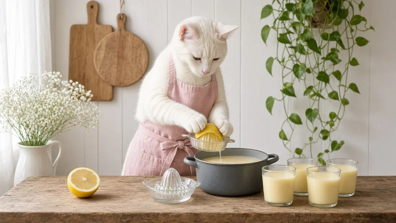 A cream-coloured cat in a pink apron, cooking this dish