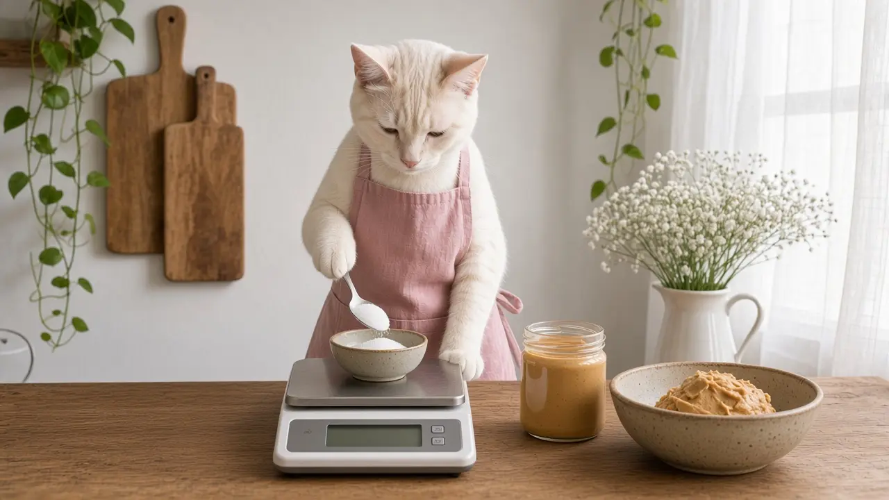 A cream-coloured cat in a pink apron, cooking this dish