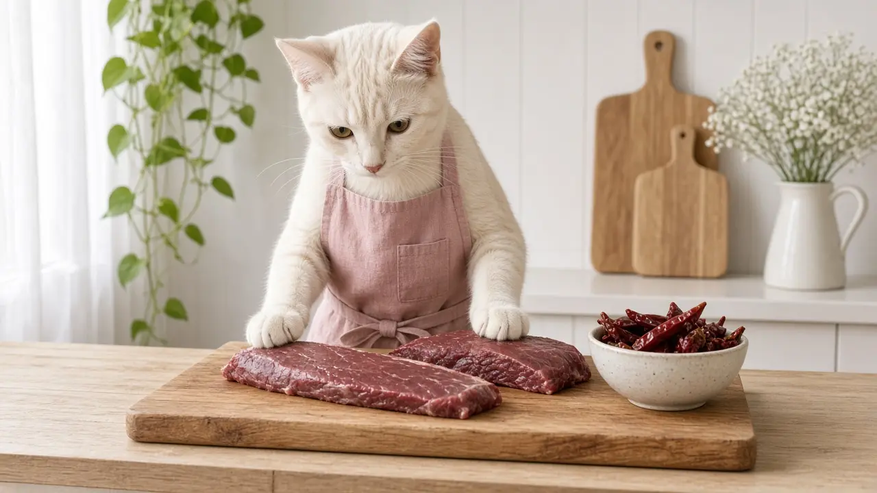A cream-coloured cat in a pink apron, cooking this dish