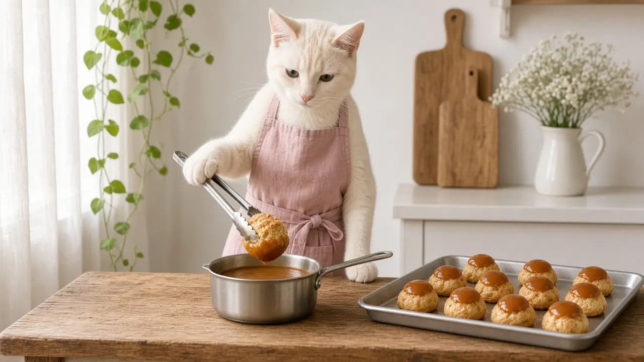 A cream-coloured cat in a pink apron, cooking this dish