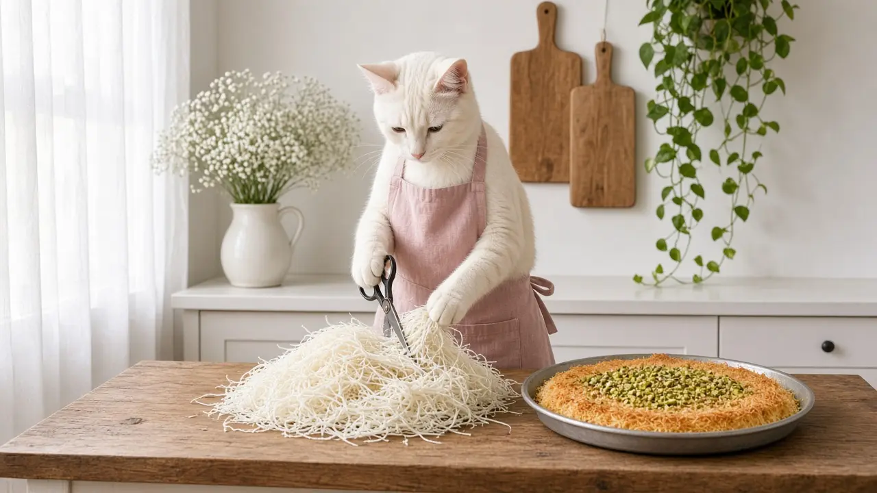 A cream-coloured cat in a pink apron, cooking this dish