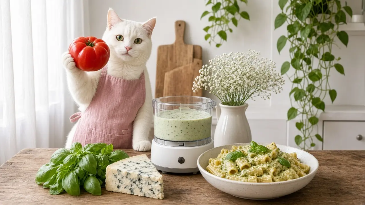 A cream-coloured cat in a pink apron, cooking this dish