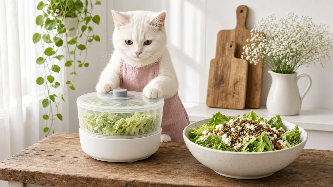A cream-coloured cat in a pink apron, cooking this dish