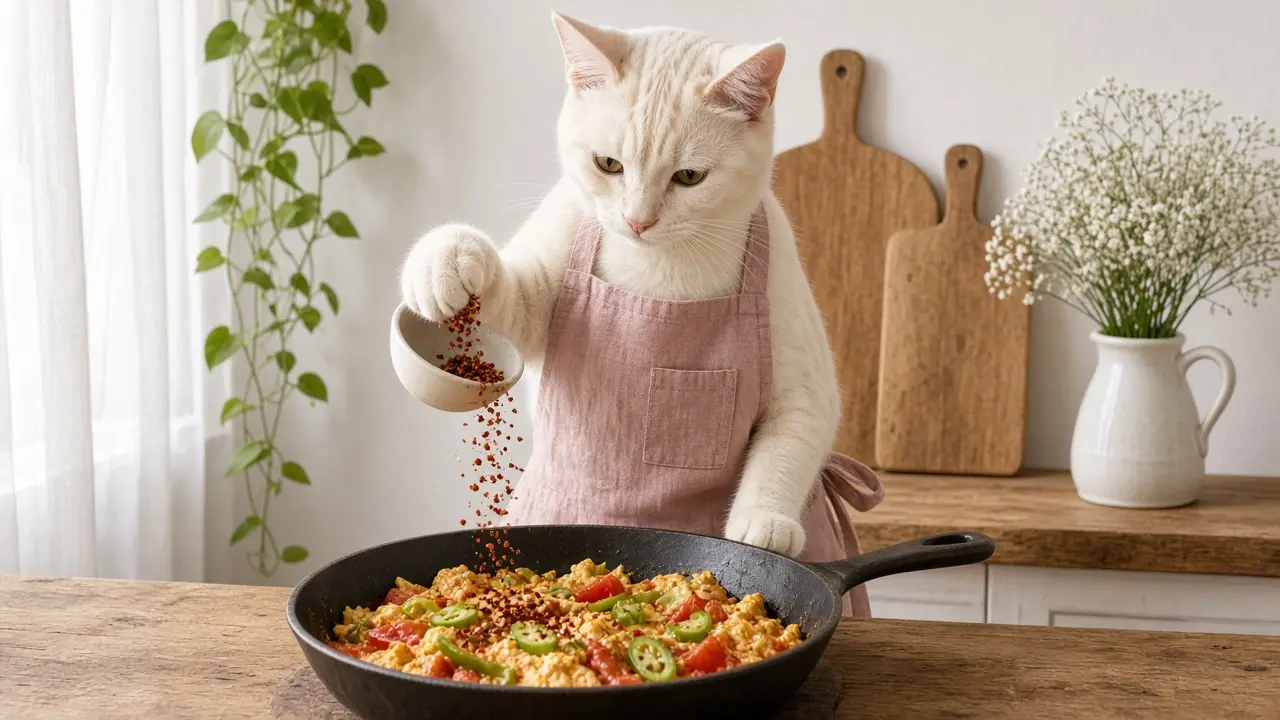 A cream-coloured cat in a pink apron, cooking this dish