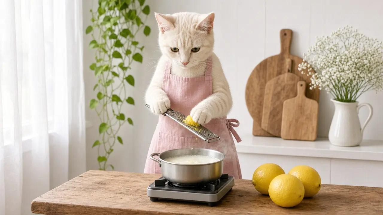 A cream-coloured cat in a pink apron, cooking this dish