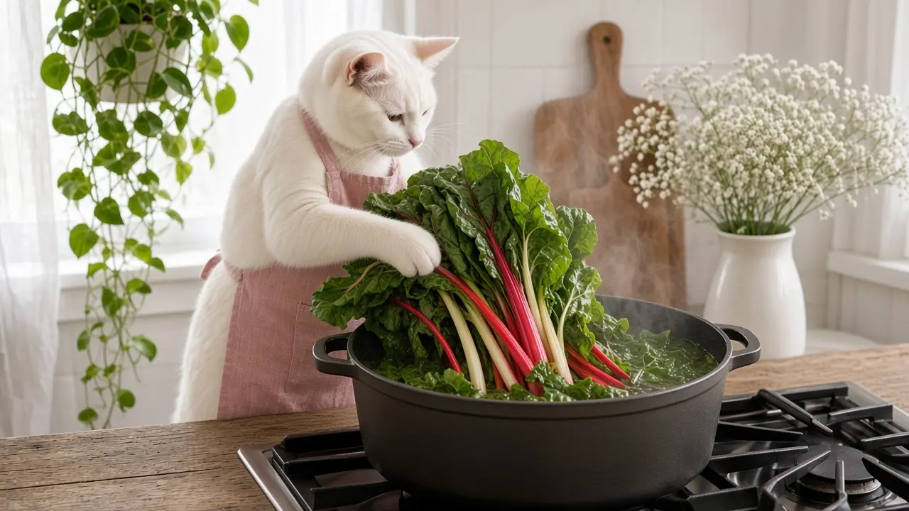 A cream-coloured cat in a pink apron, cooking this dish