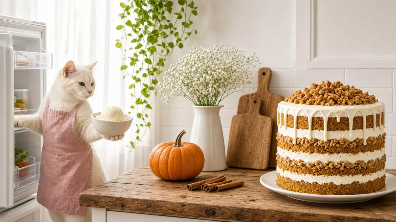 A cream-coloured cat in a pink apron, cooking this dish