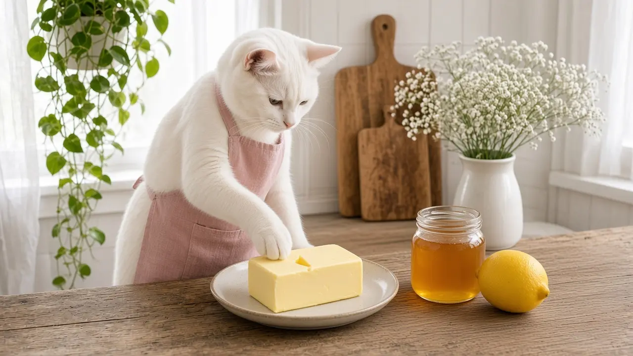 A cream-coloured cat in a pink apron, cooking this dish
