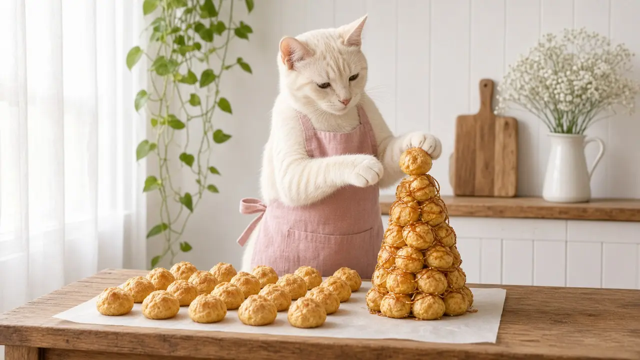 A cream-coloured cat in a pink apron, cooking this dish