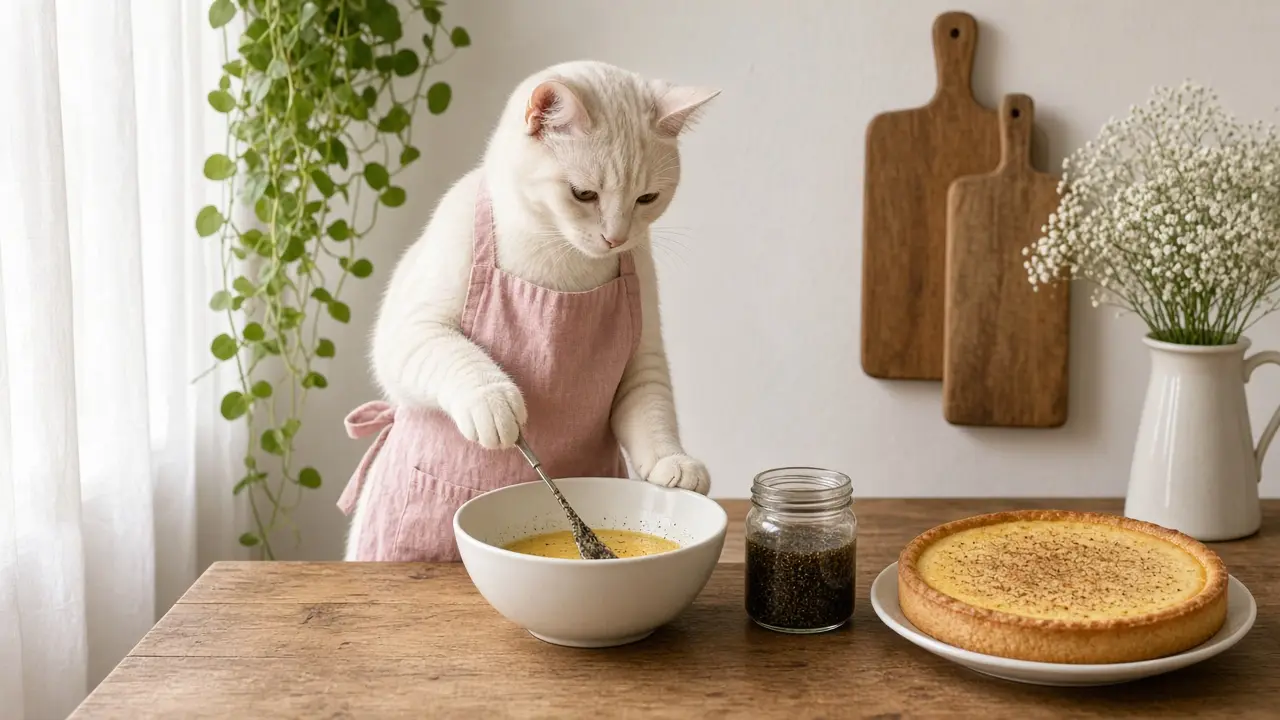 A cream-coloured cat in a pink apron, cooking this dish