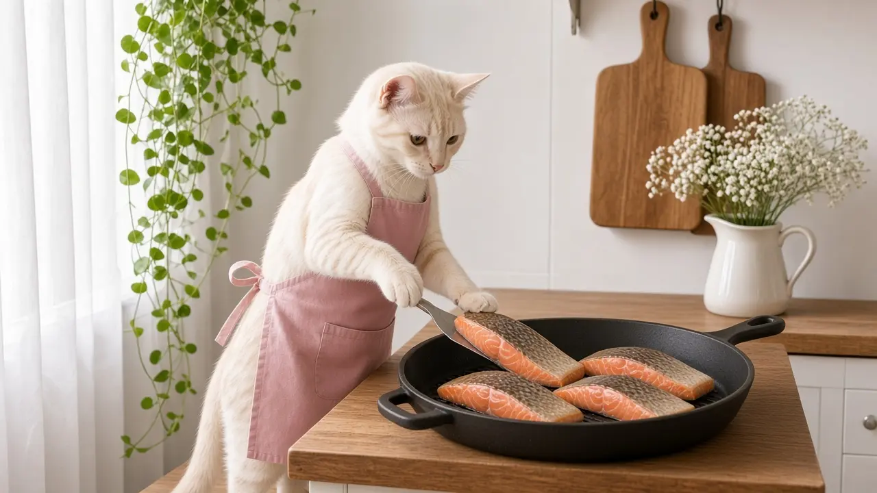 A cream-coloured cat in a pink apron, cooking this dish