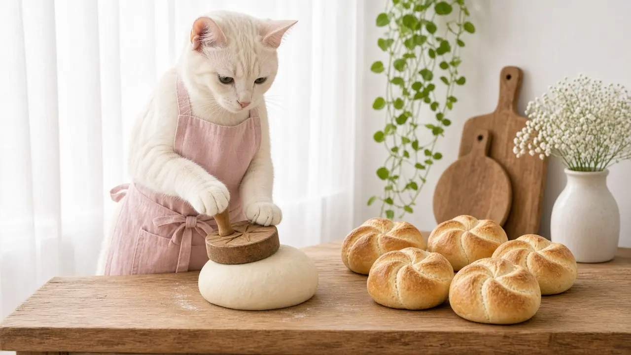 A cream-coloured cat in a pink apron, cooking this dish