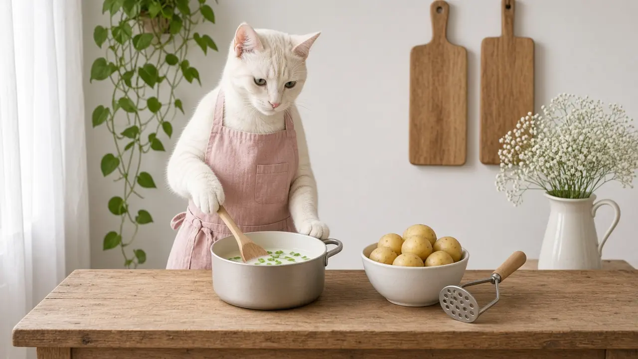 A cream-coloured cat in a pink apron, cooking this dish
