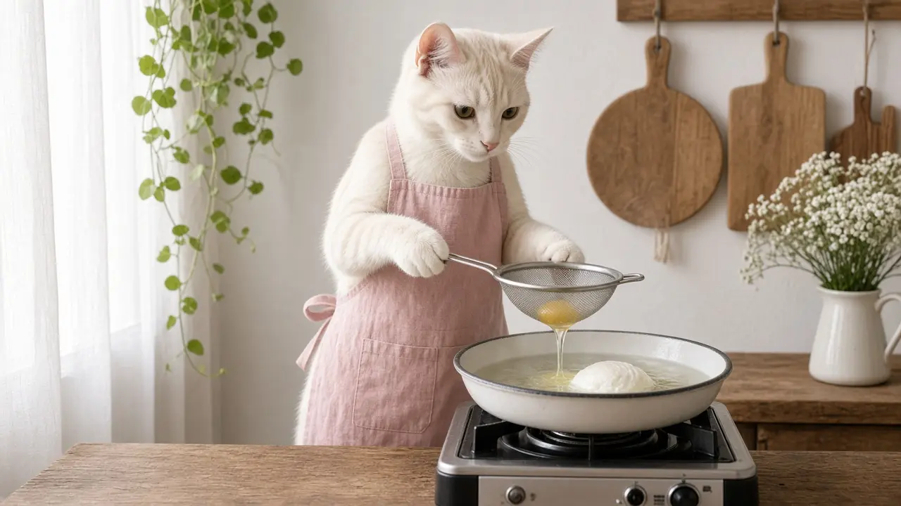 A cream-coloured cat in a pink apron, cooking this dish