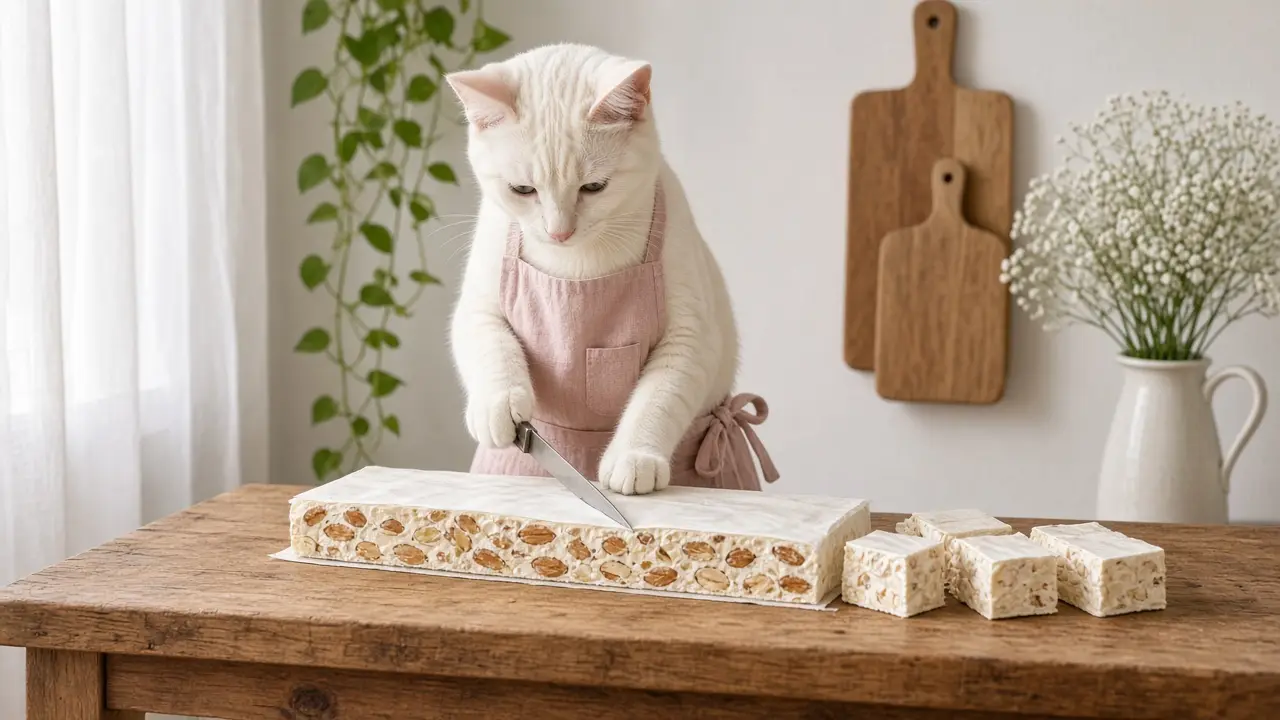 A cream-coloured cat in a pink apron, cooking this dish