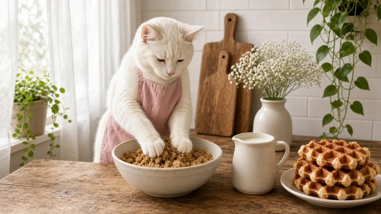 A cream-coloured cat in a pink apron, cooking this dish
