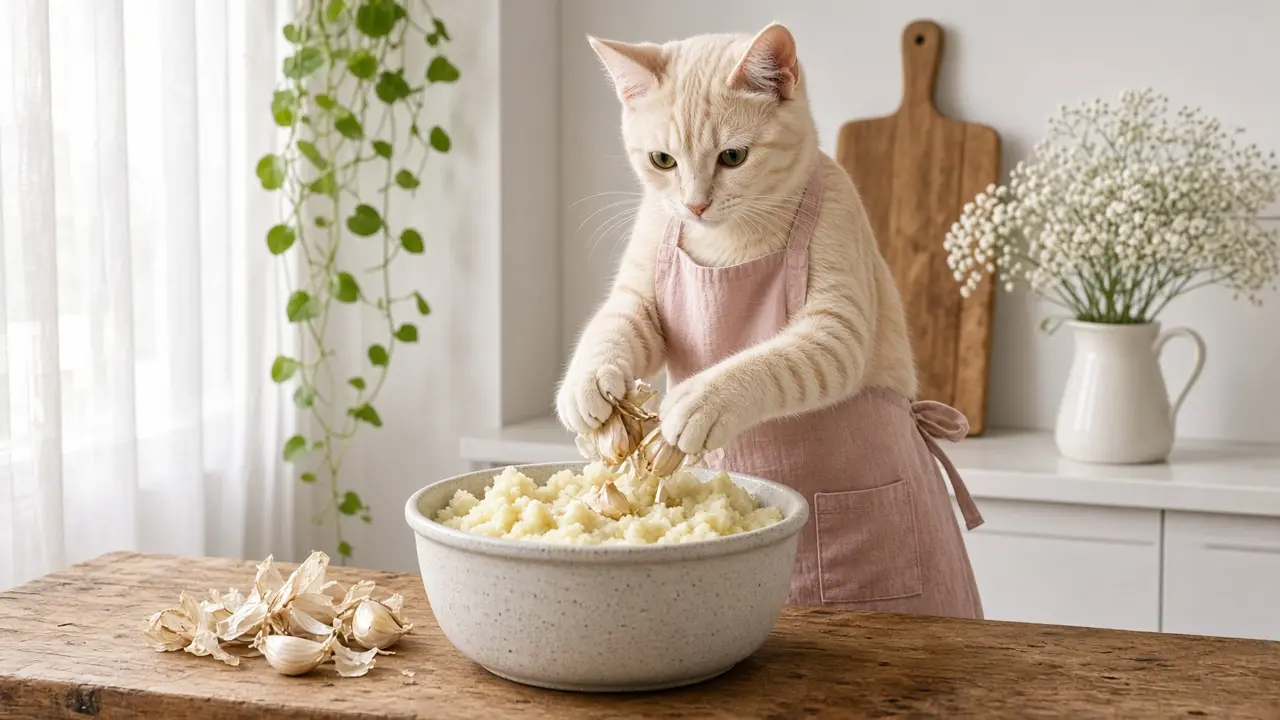 A cream-coloured cat in a pink apron, cooking this dish