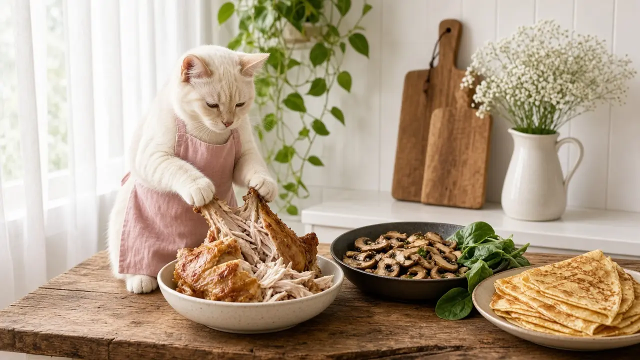 A cream-coloured cat in a pink apron, cooking this dish