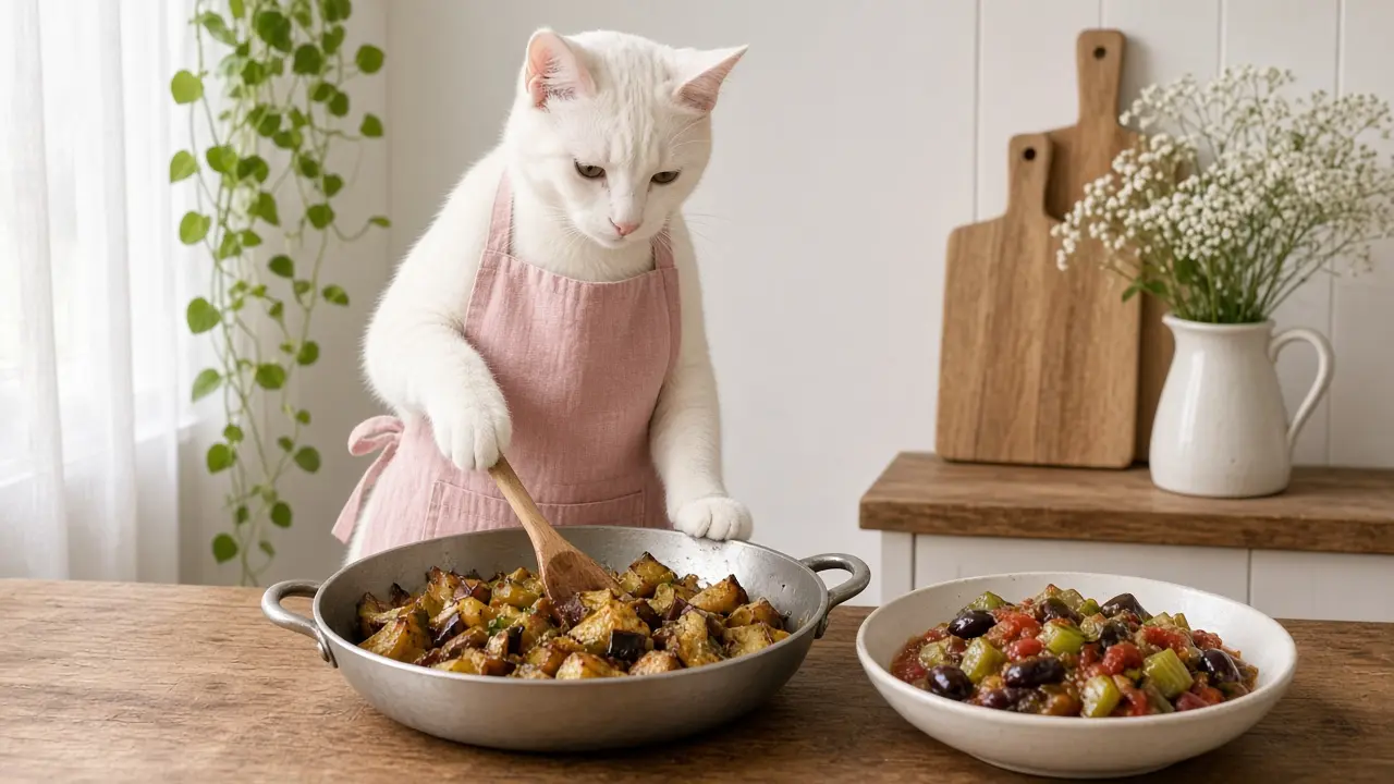 A cream-coloured cat in a pink apron, cooking this dish
