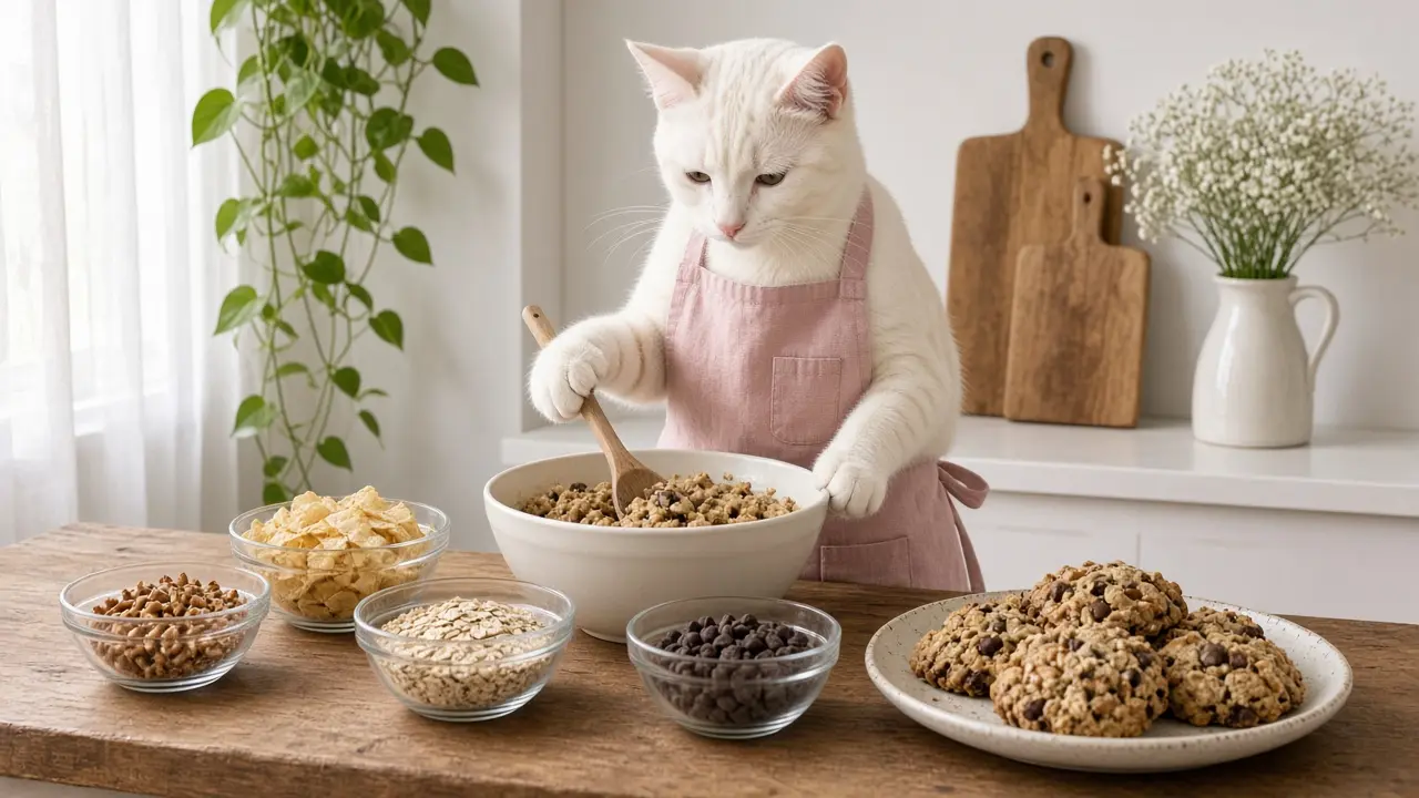 A cream-coloured cat in a pink apron, cooking this dish