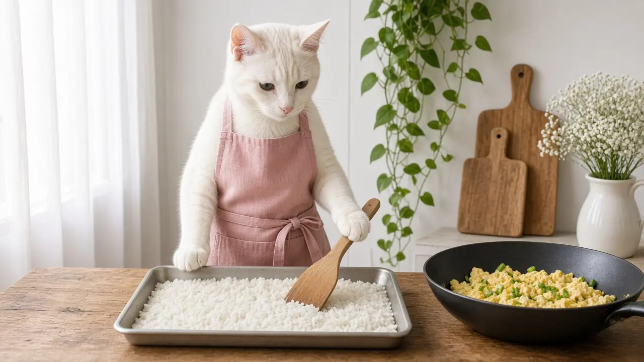 A cream-coloured cat in a pink apron, cooking this dish