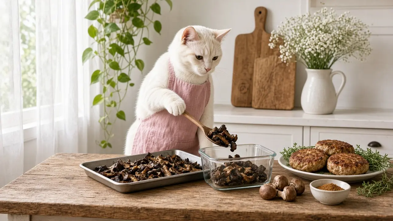 A cream-coloured cat in a pink apron, cooking this dish