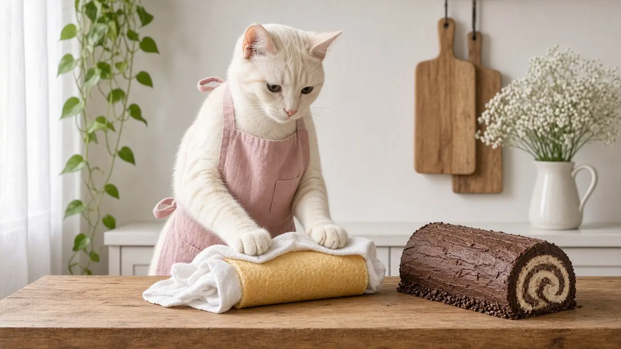 A cream-coloured cat in a pink apron, cooking this dish