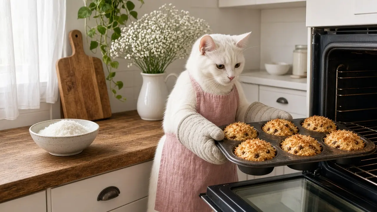 A cream-coloured cat in a pink apron, cooking this dish