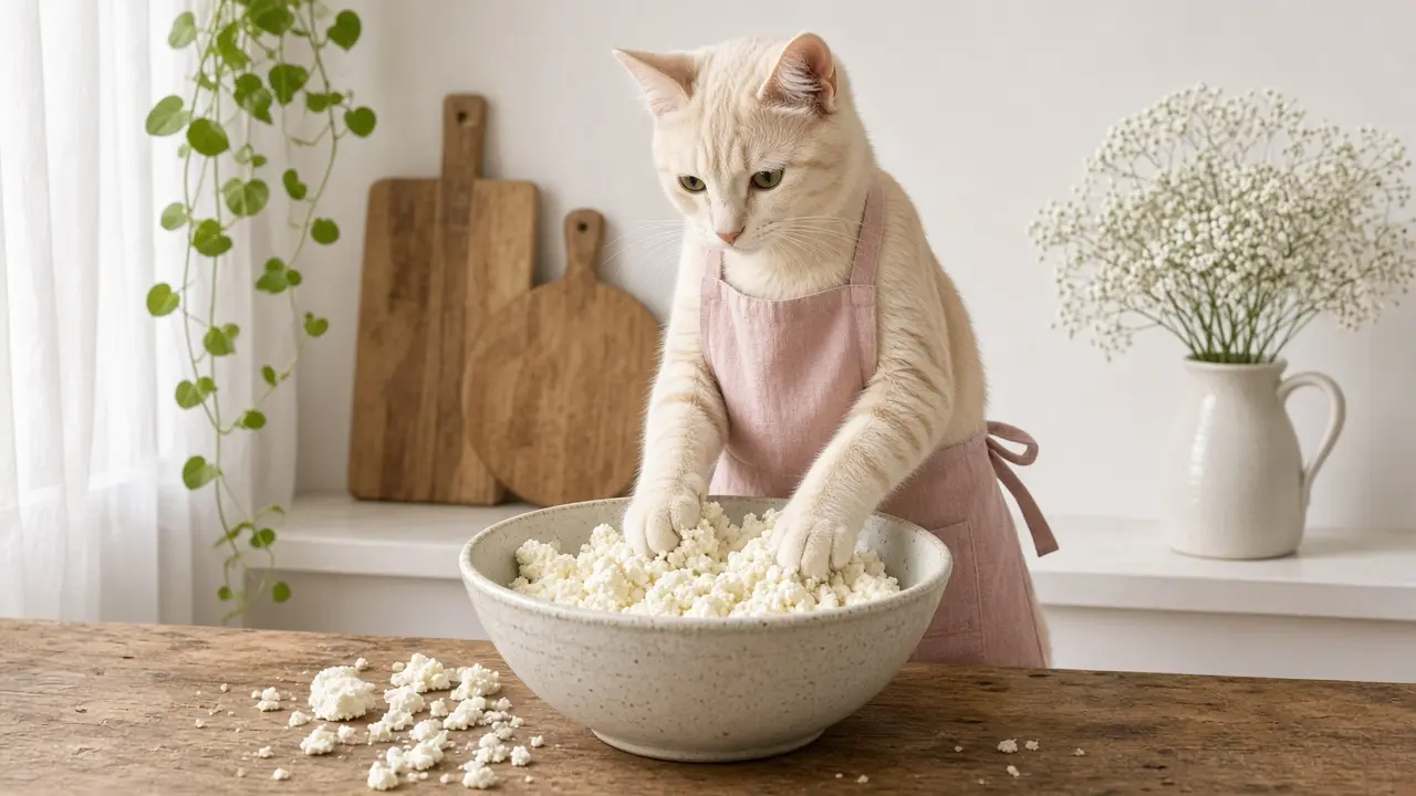 A cream-coloured cat in a pink apron, cooking this dish