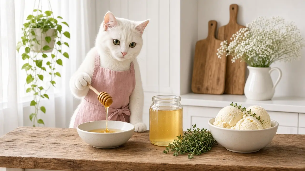 A cream-coloured cat in a pink apron, cooking this dish