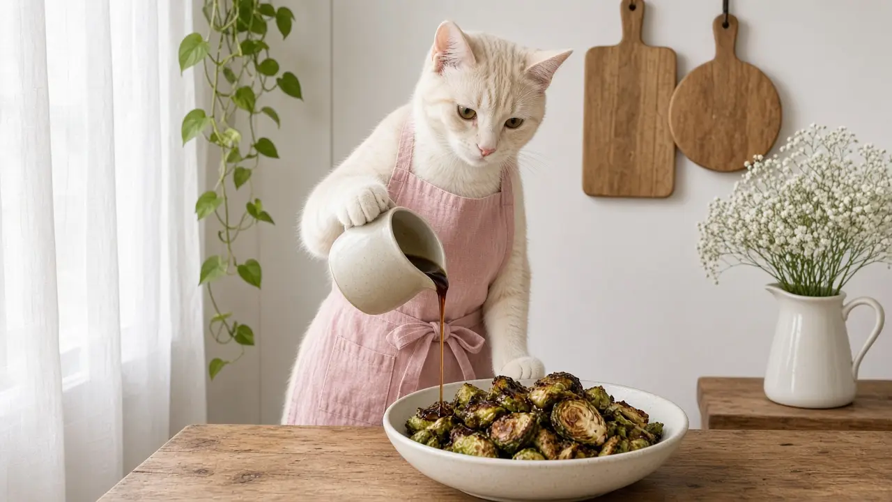 A cream-coloured cat in a pink apron, cooking this dish