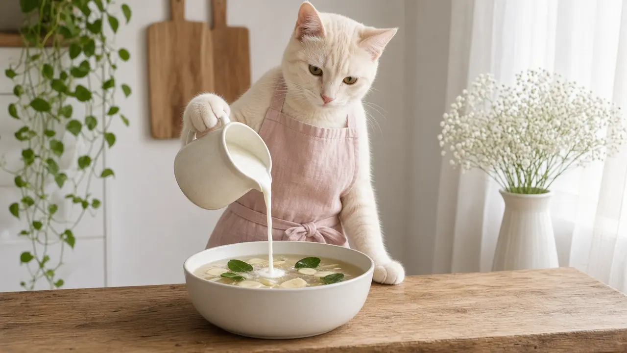 A cream-coloured cat in a pink apron, cooking this dish