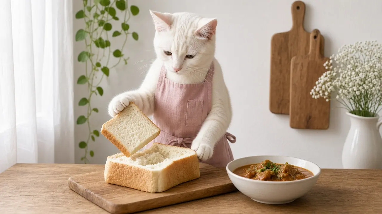 A cream-coloured cat in a pink apron, cooking this dish