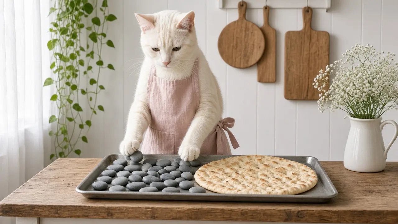 A cream-coloured cat in a pink apron, cooking this dish