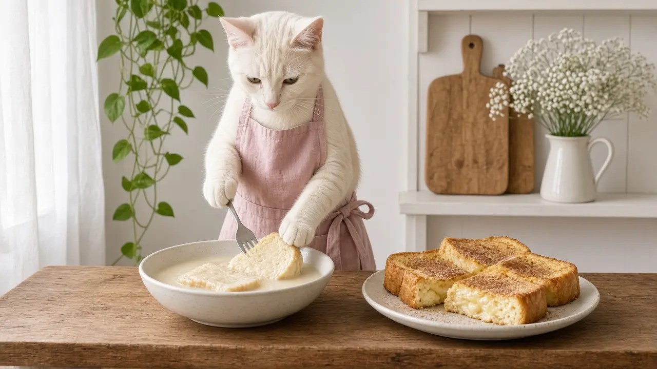 A cream-coloured cat in a pink apron, cooking this dish