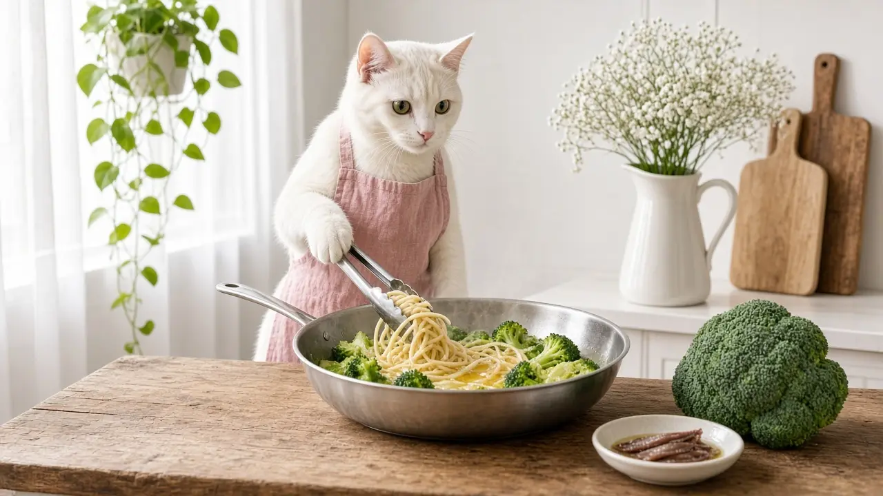 A cream-coloured cat in a pink apron, cooking this dish