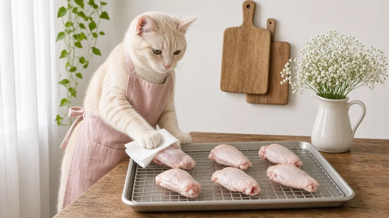 A cream-coloured cat in a pink apron, cooking this dish