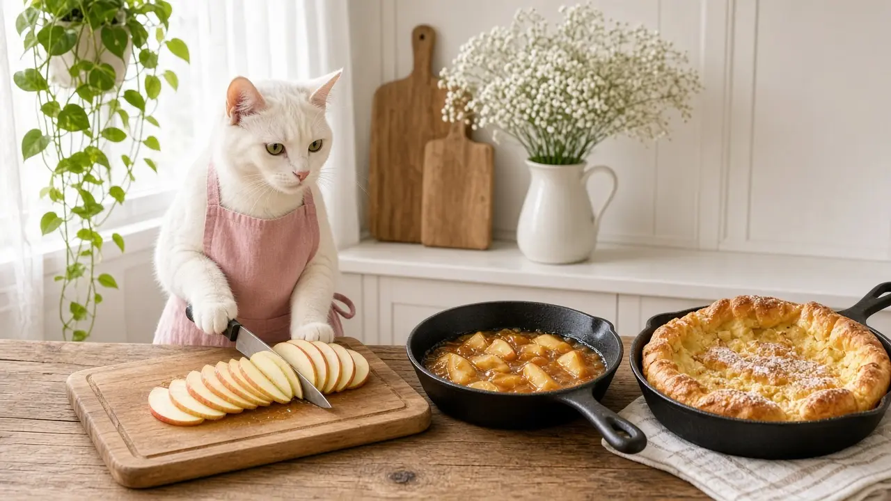 A cream-coloured cat in a pink apron, cooking this dish