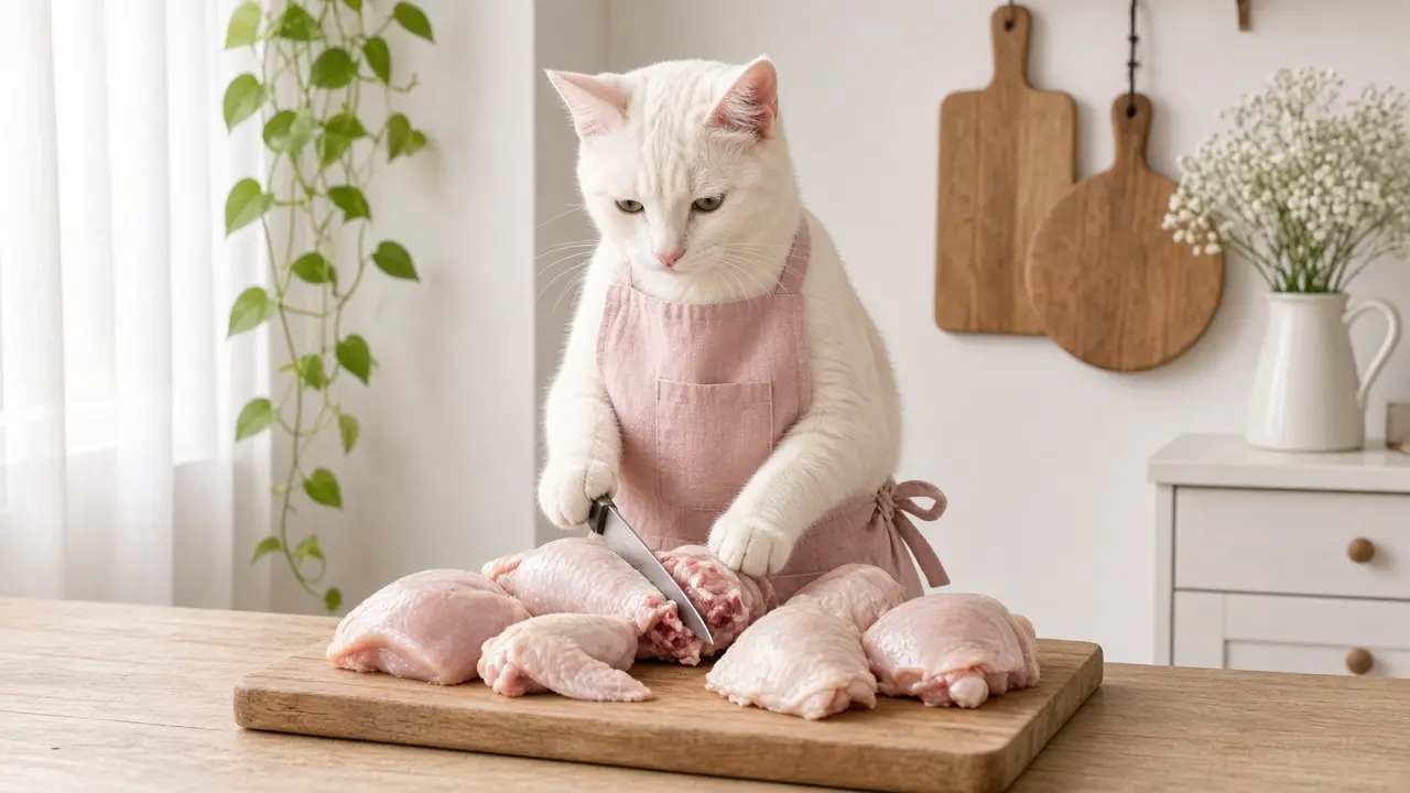 A cream-coloured cat in a pink apron, cooking this dish