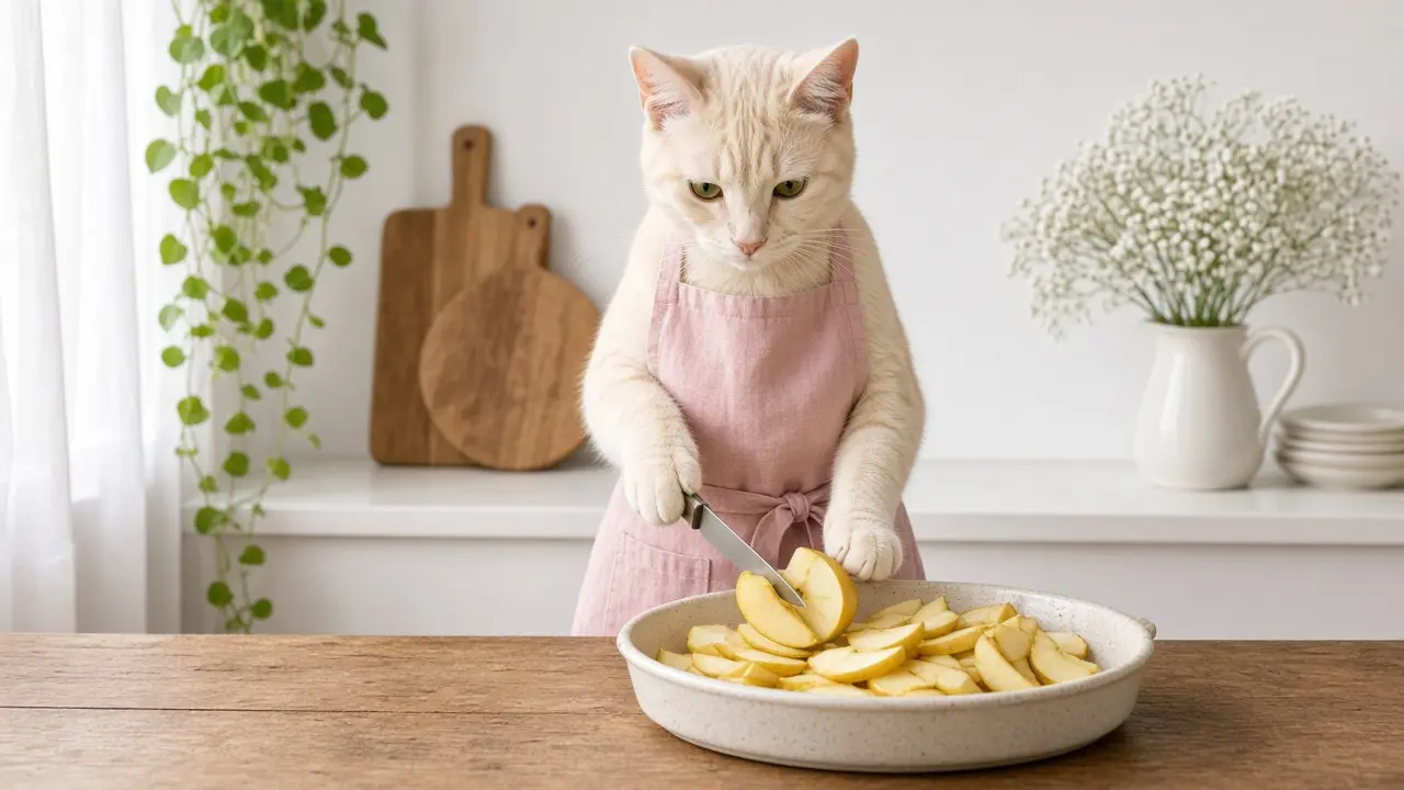 A cream-coloured cat in a pink apron, cooking this dish
