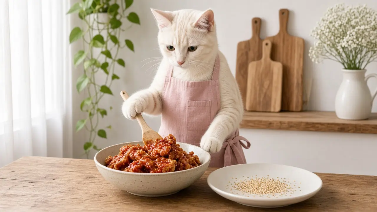 A cream-coloured cat in a pink apron, cooking this dish