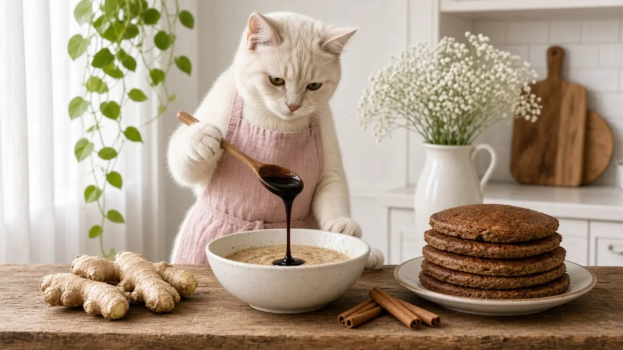 A cream-coloured cat in a pink apron, cooking this dish