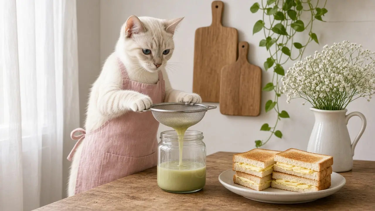 A cream-coloured cat in a pink apron, cooking this dish