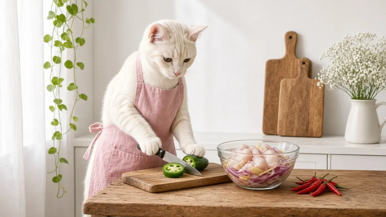 A cream-coloured cat in a pink apron, cooking this dish